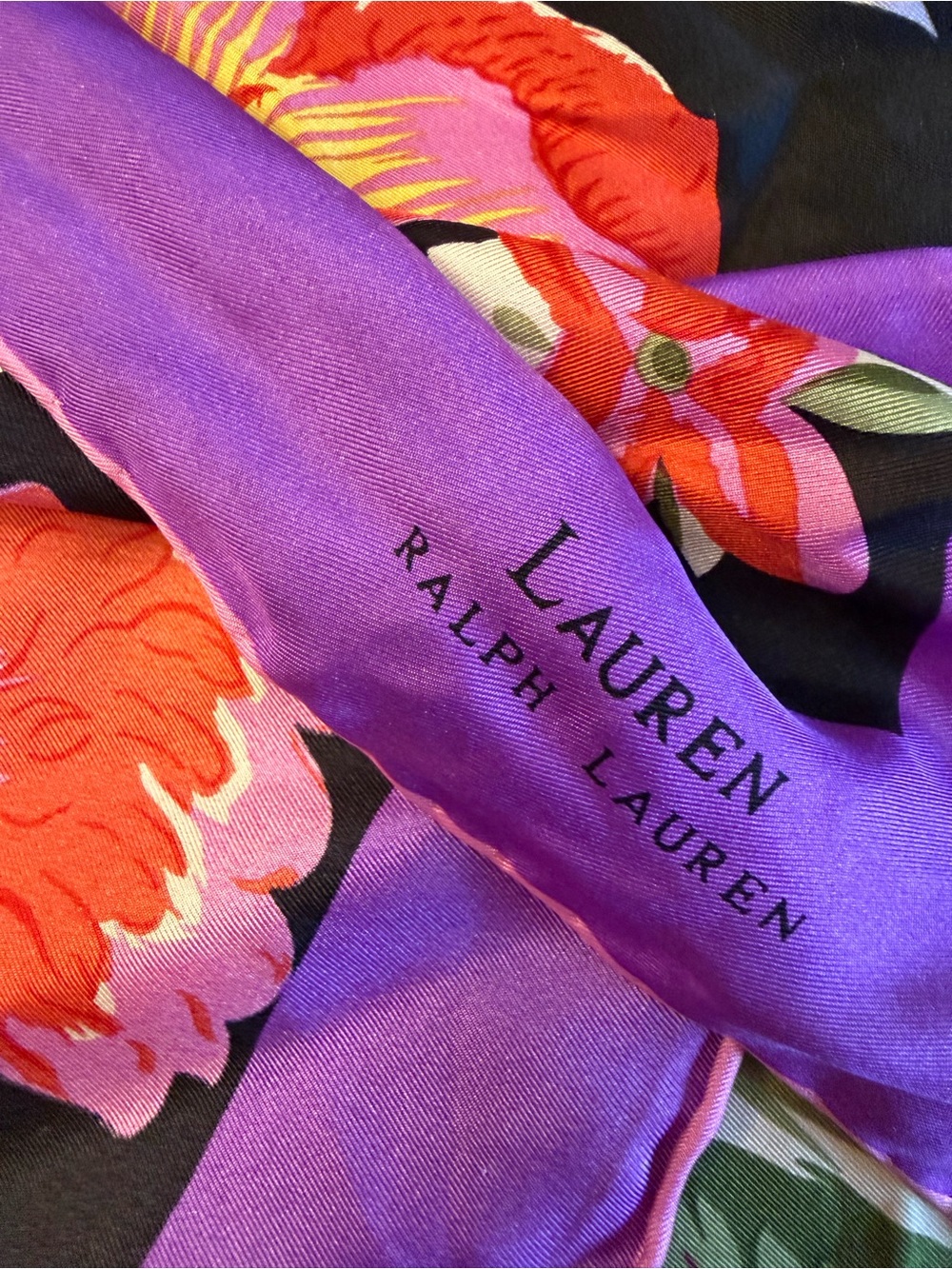 Vintage Ralph Lauren Black Tropical Birds Silk Scarf with Purple Border 90's - Picture 2 of 8